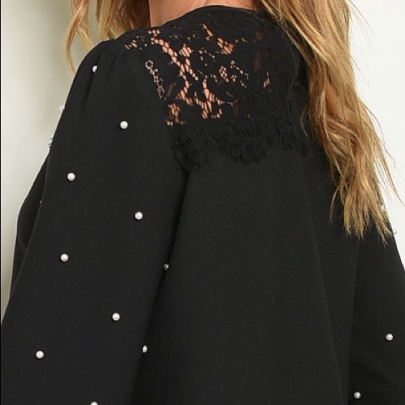 ❌DONATED❌Black Jewel Neckline Long Sleeve Pearl Lace Detail Top - Picture 2 of 9